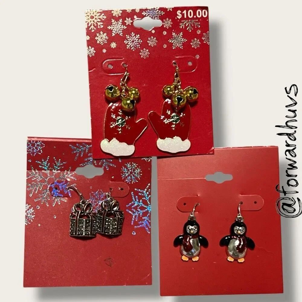 Dangly Christmas Earrings – New on Card – Mittens, Penguins, Gift Boxes